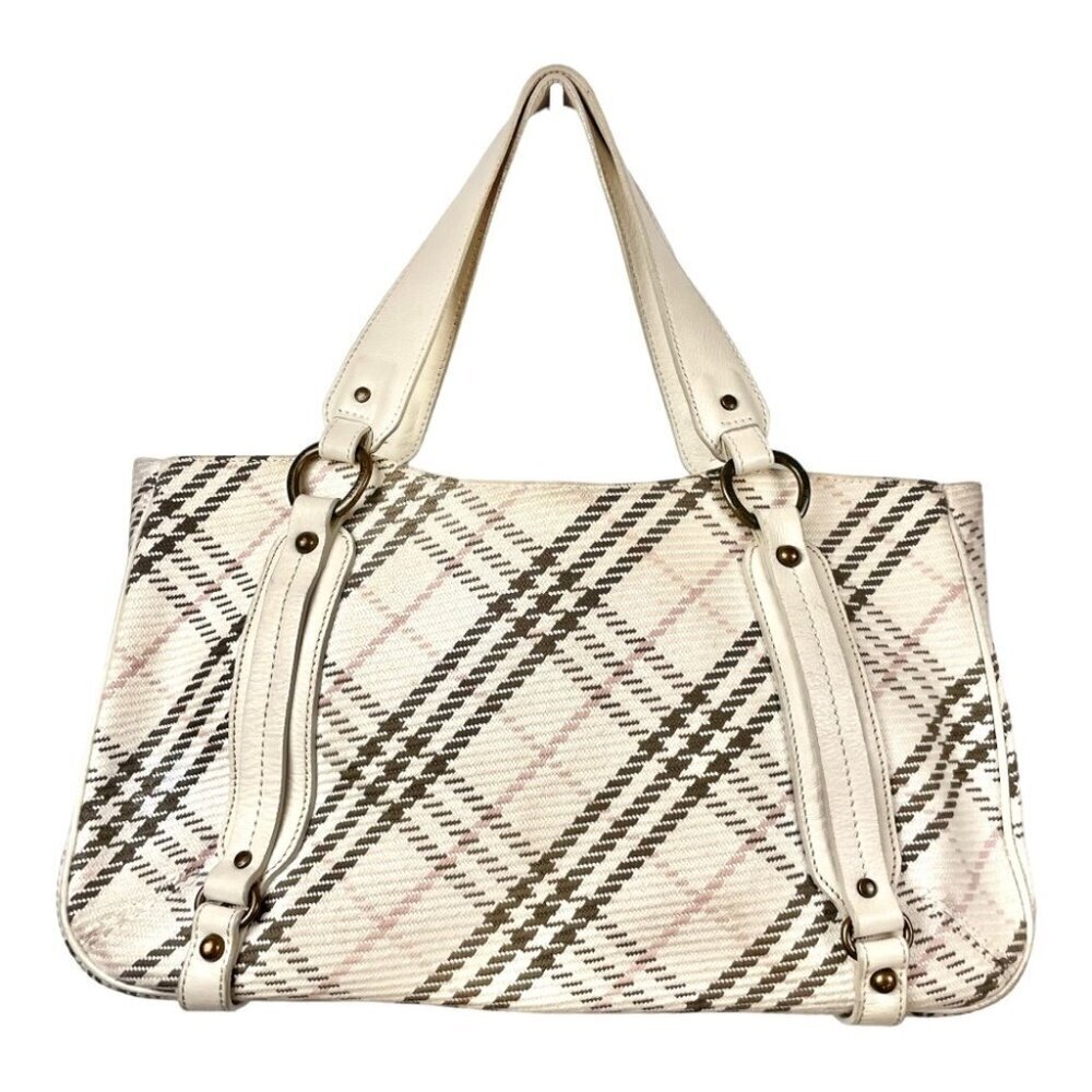 Burberry Blue Label Cream Cotton and Leather Plaid Satchel Shoulder Bag - Picture 3 of 15